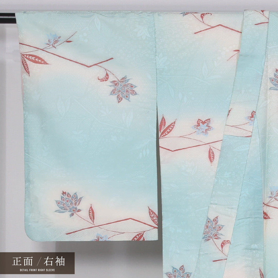 アンティーク お召 袷 身丈150cm 裄丈64cm 正絹 Bランク 広衿 Sサイズ ぼかし染 唐華 水色系 M4 1222-11418