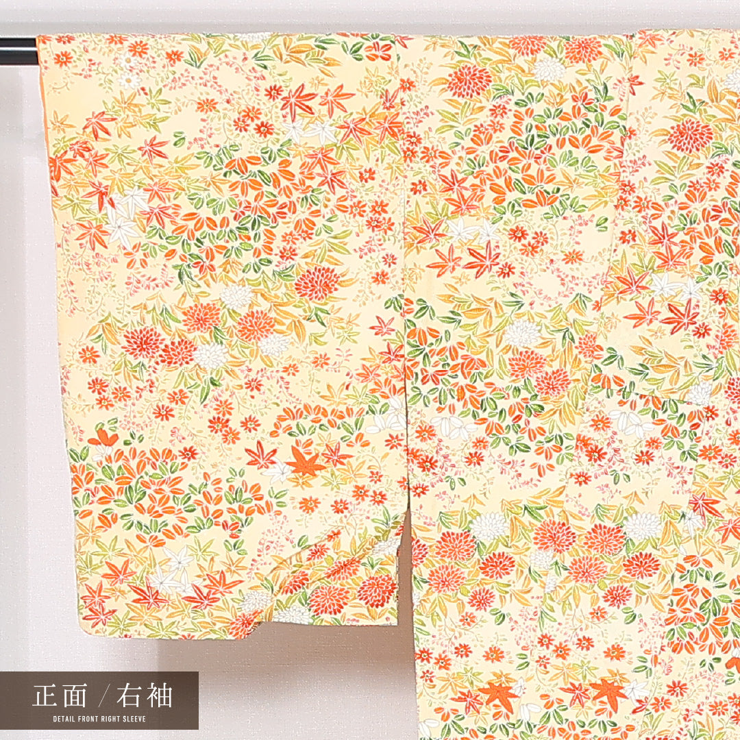小紋 袷 身丈157cm 裄丈62cm 正絹 Sランク インフォーマル 広衿 Mサイズ 菊 紅葉 クリーム系 RP 1221-11963