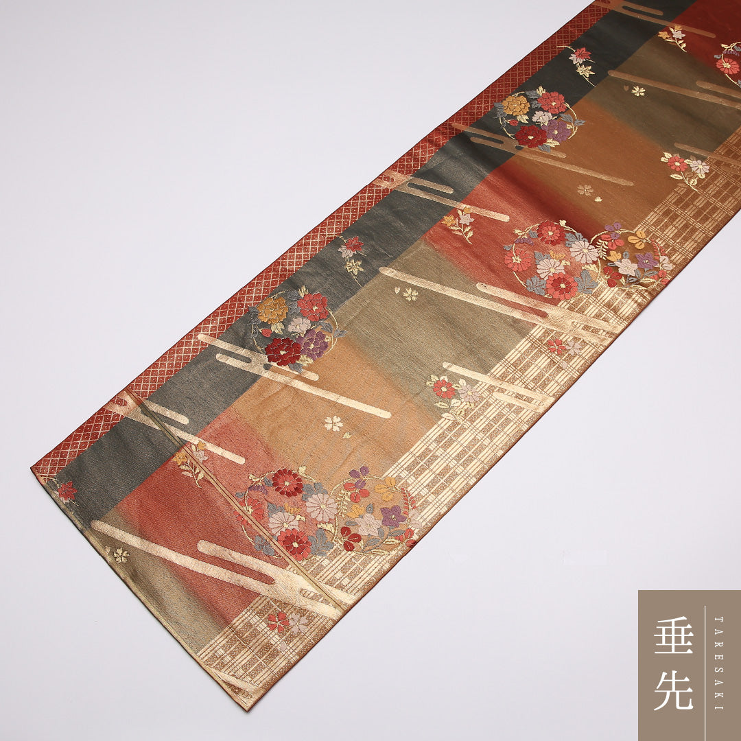 袋帯 帯丈436cm 正絹 六通 フォーマル エ霞 檜垣 丸文 赤系 1243-01017