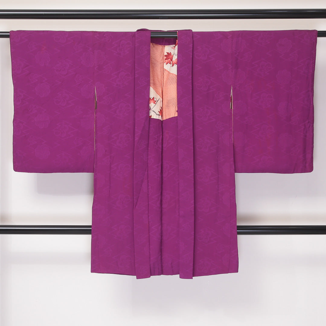 アンティーク 羽織(錦紗) 袷 身丈95cm 裄丈64cm 正絹 Cランク Mサイズ 紋意匠 松皮菱に梅 紫系 1217-06131
