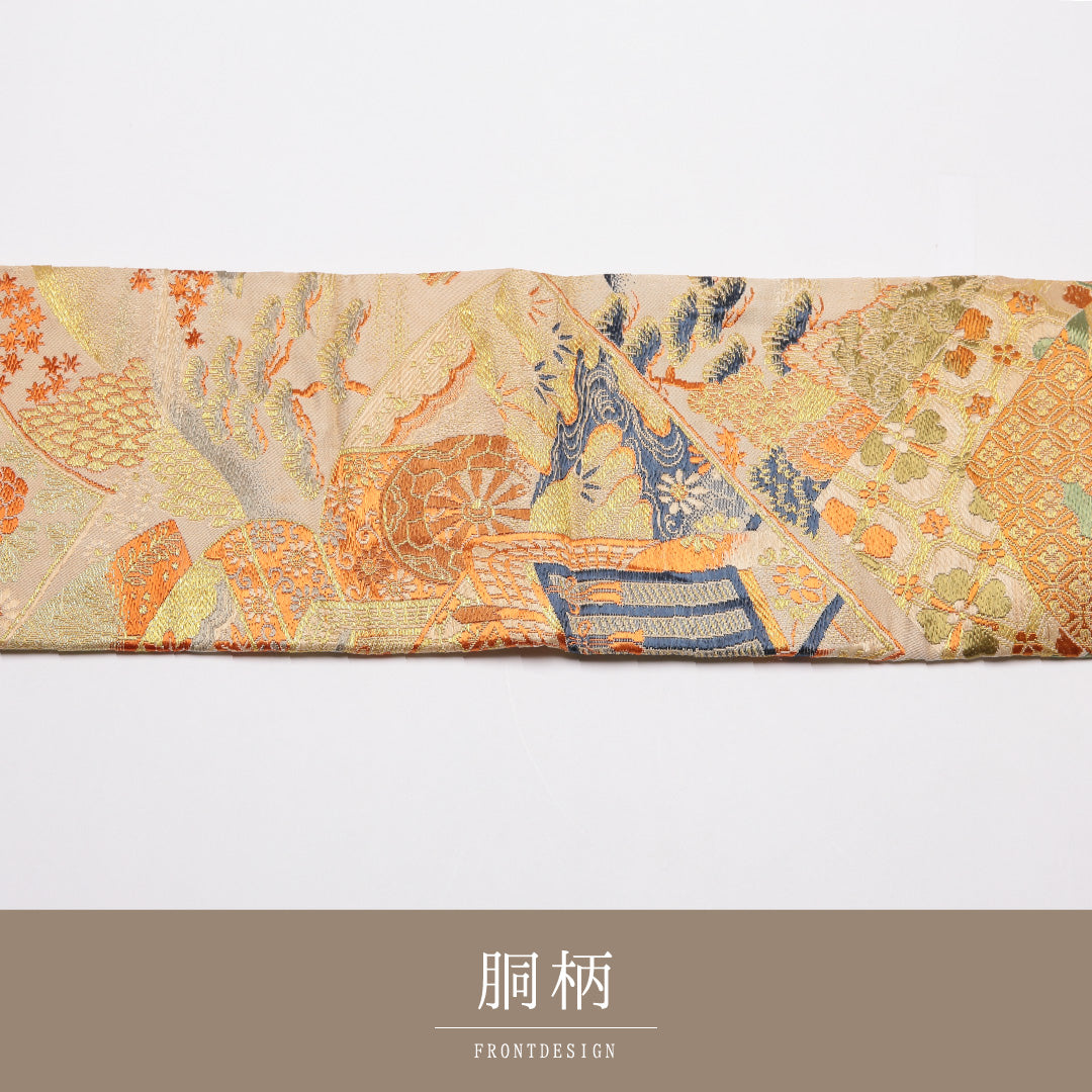 アンティーク 九寸名古屋帯 Aランク 帯丈342cm 正絹 全通 名古屋仕立て 織り 御所解 菊 紅葉 クリーム系 M4 1245-01815