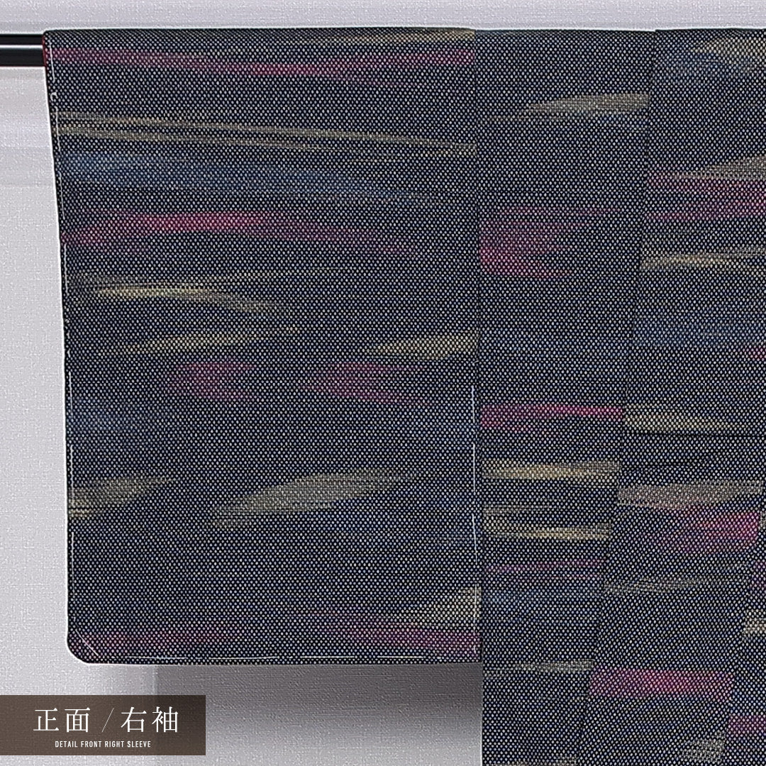 大島紬 袷 身丈157cm 裄丈64cm 正絹 Aランク インフォーマル 広衿 Mサイズ 経緯絣 抽象柄 紺系 RP 1223-11282