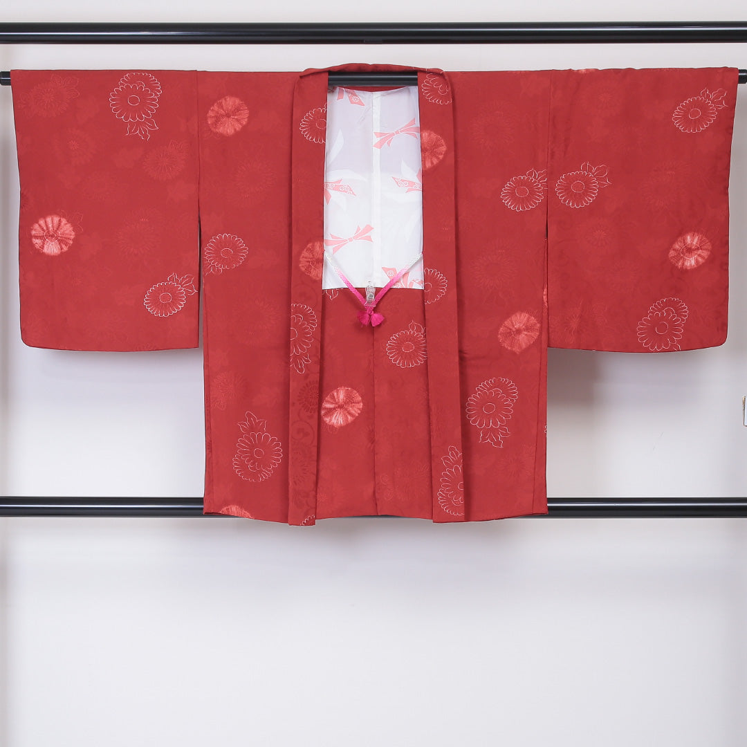 羽織 袷 身丈80cm 裄丈65cm 正絹 Sランク 紋意匠 (植物柄) カジュアル Mサイズ 絞り 紐あり 花柄 赤系 RP 1232-06035