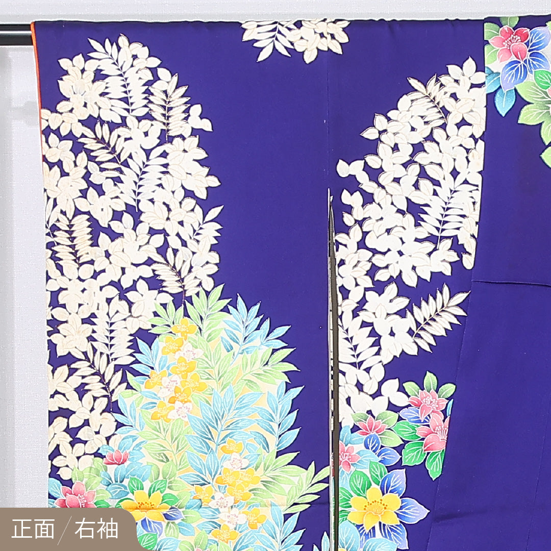 振袖 身丈166cm 裄丈67.5cm Cランク 袷 正絹 XS 広衿 モダン 花柄 ボタニカル 青系 1213-F0447