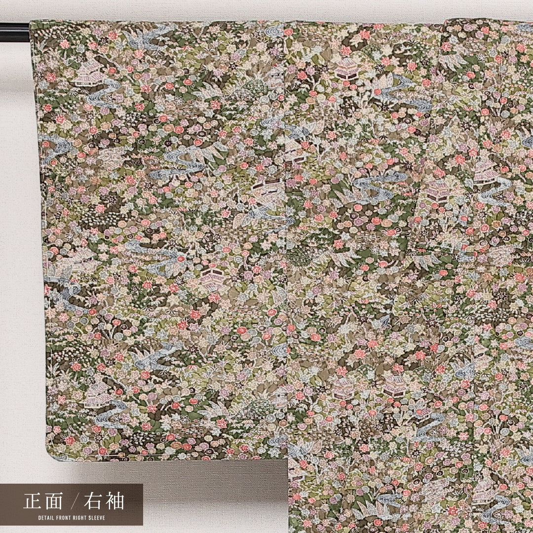 小紋 袷 身丈152cm 裄丈62cm 正絹 Aランク インフォーマル 広衿 Sサイズ 茶屋辻 緑系 RP 1221-13662