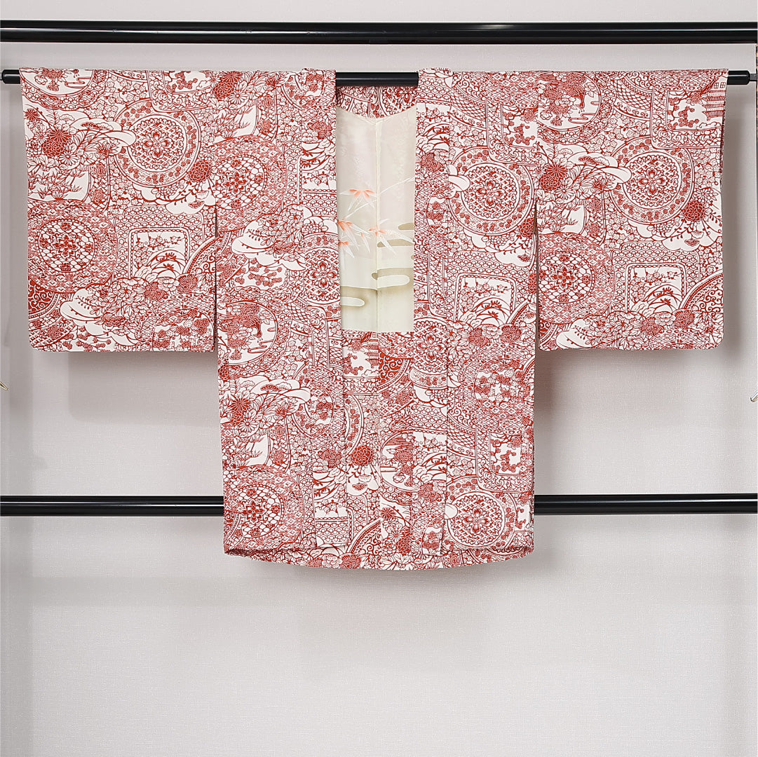 羽織 袷 身丈87cm 裄丈66cm 正絹 Sランク カジュアル Mサイズ 吉祥文様 赤系 RP 1232-12569