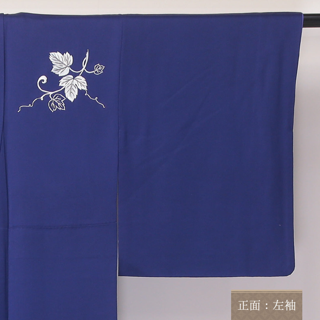 訪問着 袷 身丈160~164cm 裄62cm 正絹 葡萄 壺 蘇州刺繡 鉄紺 青系 Aランク 1212-00614