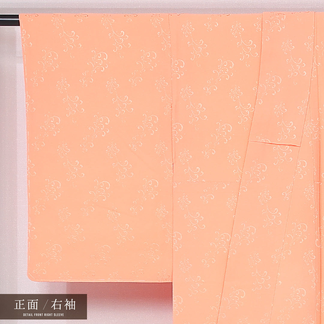 色無地 身丈162cm 裄丈63cm Sランク L 正絹 袷 広衿 地紋あり 一つ紋 桔梗釜敷 唐草 セミフォーマル ピンク系 1214-12059