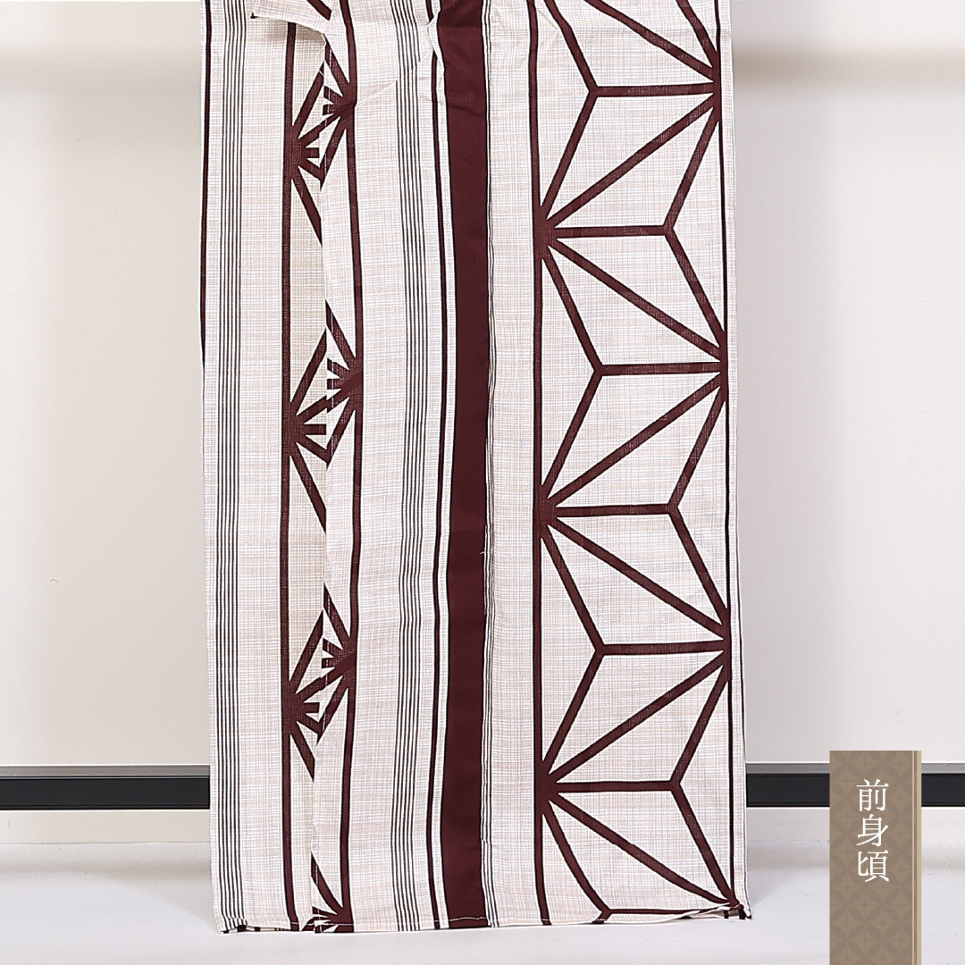 新品 浴衣 綿麻 身丈163cm 裄丈67cm 洗える着物 麻の葉 茶系 Nランク 1218-00049
