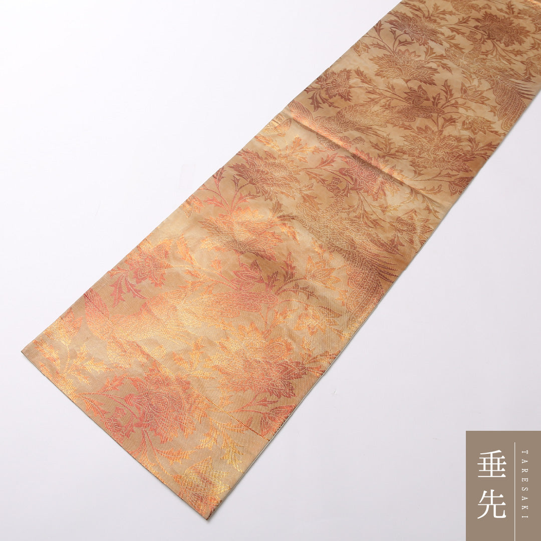 袋帯 帯丈416cm 正絹 六通 帯端のみ未仕立て 帯芯なし フォーマル 唐草鳳凰文 金系 ベージュ系 1243-01618
