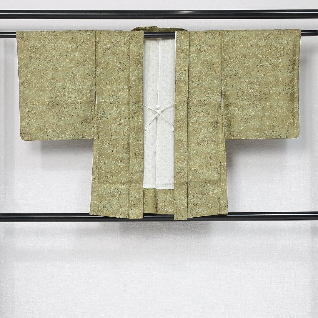洗える着物 羽織 袷 身丈78cm 裄丈64cm ポリエステル Bランク カジュアル Mサイズ ぼかし染 紐あり 植物柄 緑系 HP 1232-12078