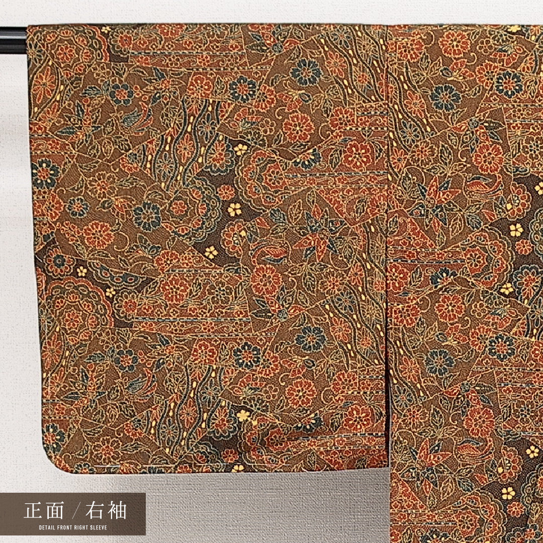 洗える着物 小紋 袷 身丈152cm 裄丈61cm ポリエステル Sランク インフォーマル バチ衿 Sサイズ 更紗 茶系 RP 1221-14215