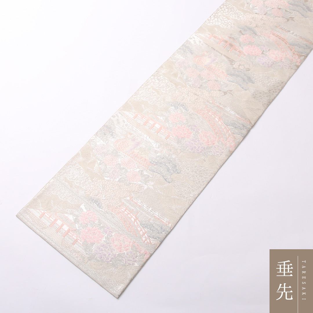 未使用品 袋帯 帯丈428cm 正絹 六通 セミフォーマル 平等院鳳凰堂 銀系 1243-01519