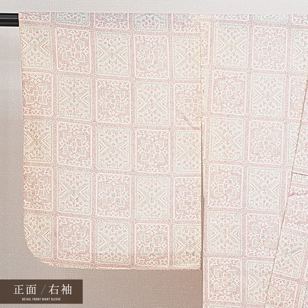 小紋 単衣 身丈156cm 裄丈63cm 正絹 Sランク インフォーマル バチ衿 Mサイズ 抽象柄 クリーム系 RP 1221-14875