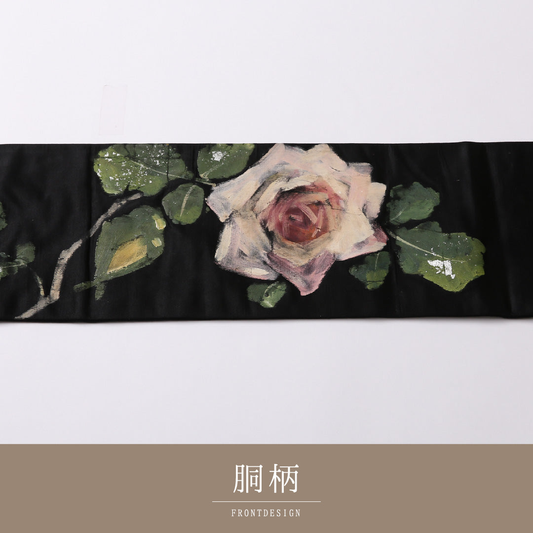 アンティーク 九寸名古屋帯 Aランク 帯丈324cm 正絹 ポイント柄 名古屋仕立て 染め ペンテ帯 薔薇 黒系 M4 1245-02698