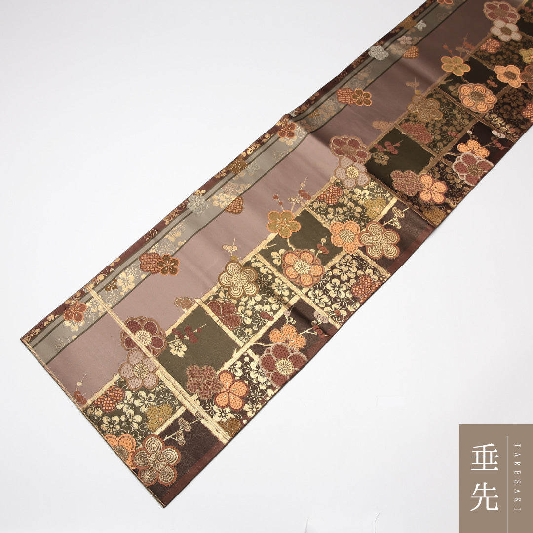 袋帯 帯丈430cm 正絹 六通 セミフォーマル 梅 裂取り 茶系 1243-01321