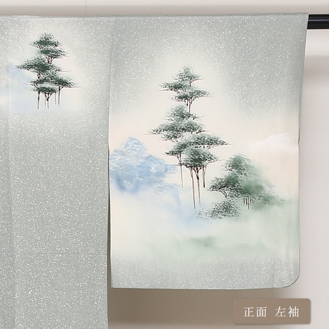 訪問着 袷 身丈155cm 裄丈65cm 正絹 Bランク セミフォーマル 広衿 Mサイズ 風景柄 緑系 HP 1217-04424