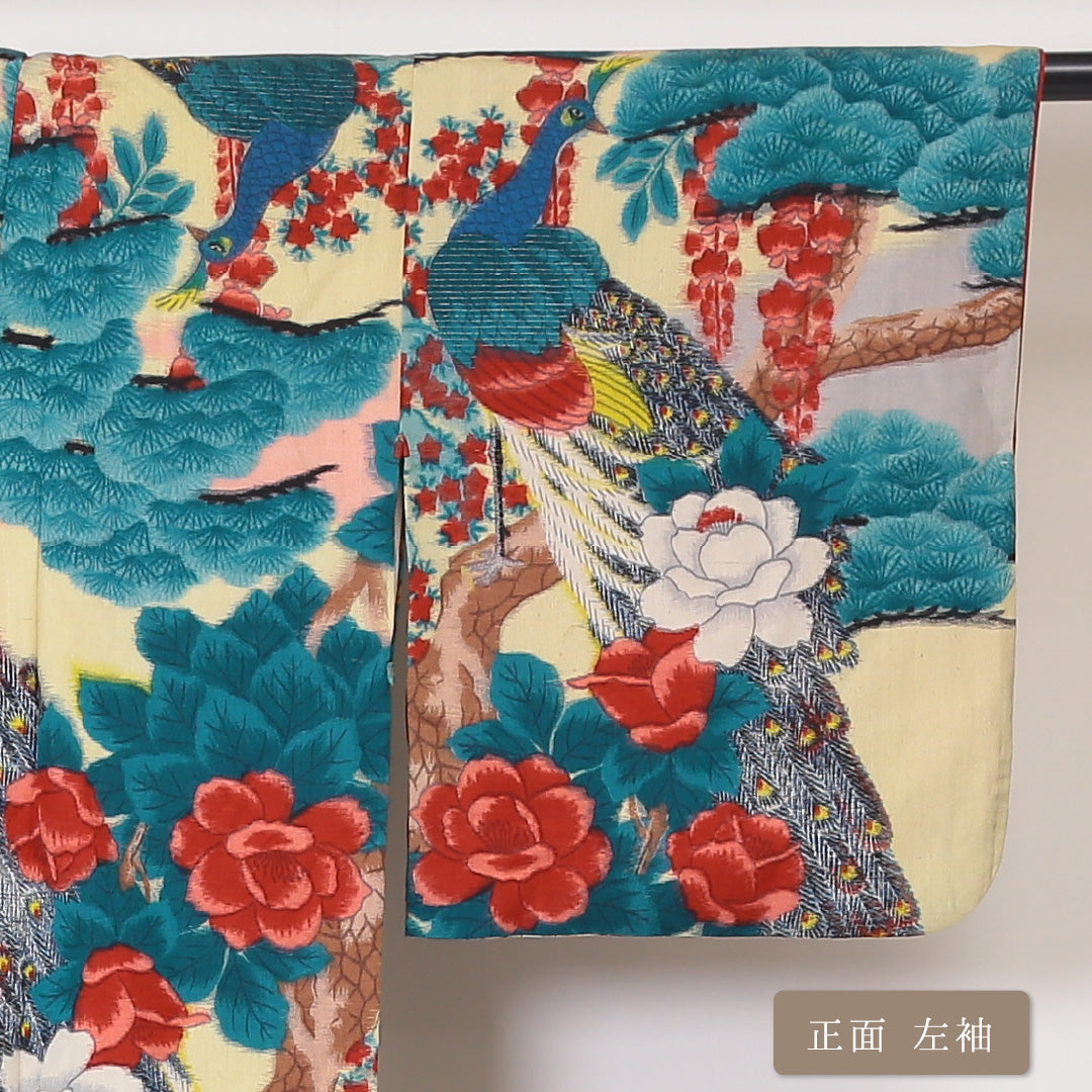 アンティーク お召 袷 身丈151cm 裄丈63cm 正絹 Cランク Sサイズ バチ衿 孔雀 牡丹 松 ベージュ系 1265-01882