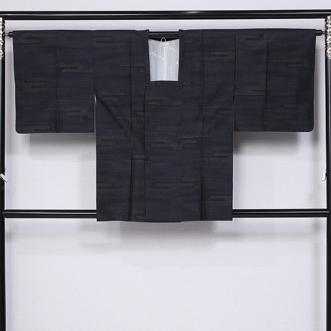 道行コート (大島紬) 袷 身丈82cm 裄丈65cm 正絹 Sランク インフォーマル Mサイズ ポケットあり エ霞 紺系 RP 1237-10749