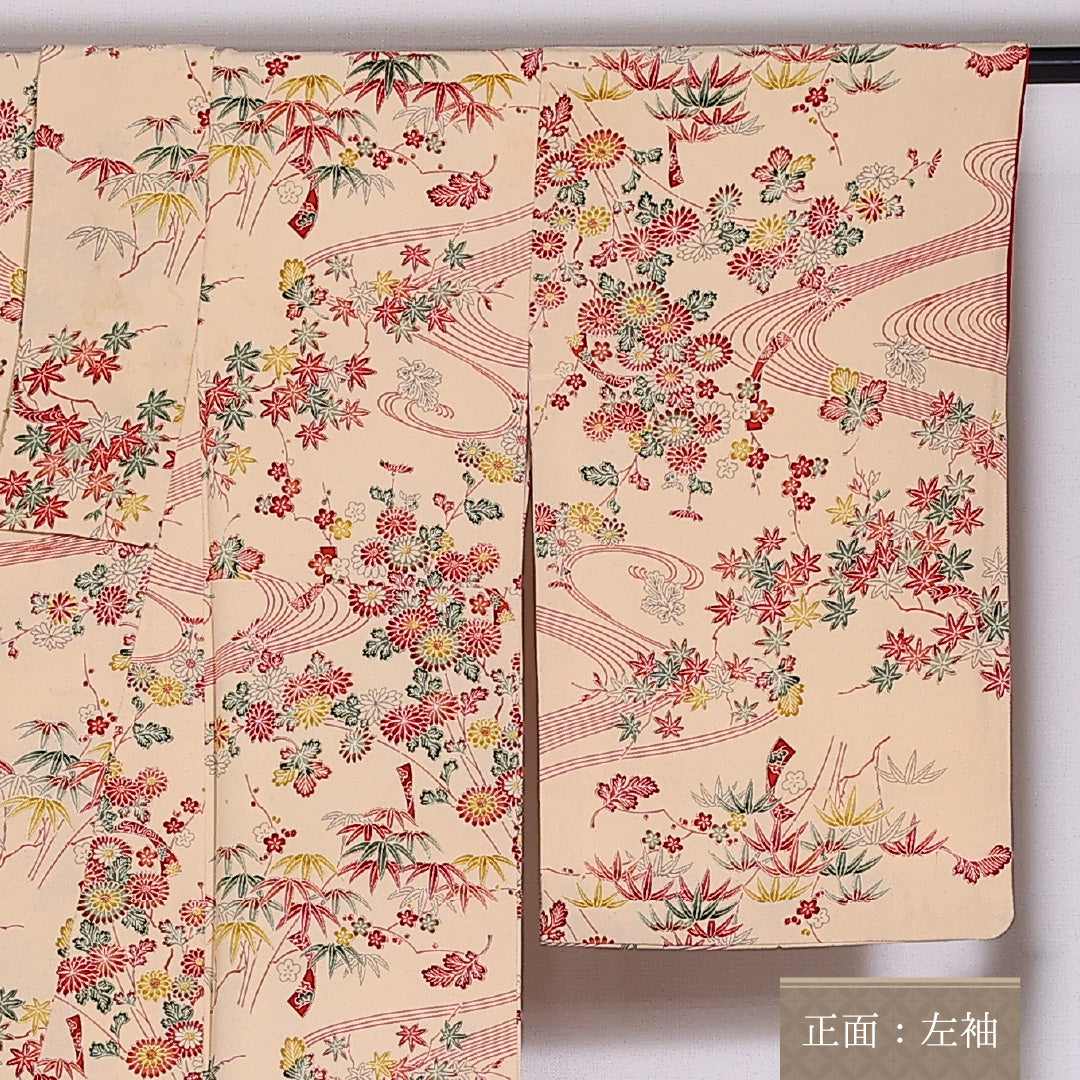 小紋 袷 身丈155.5cm 裄63.5cm 正絹 流水 梅 紅葉 菊 笹 クリーム系 Bランク 1215-02471