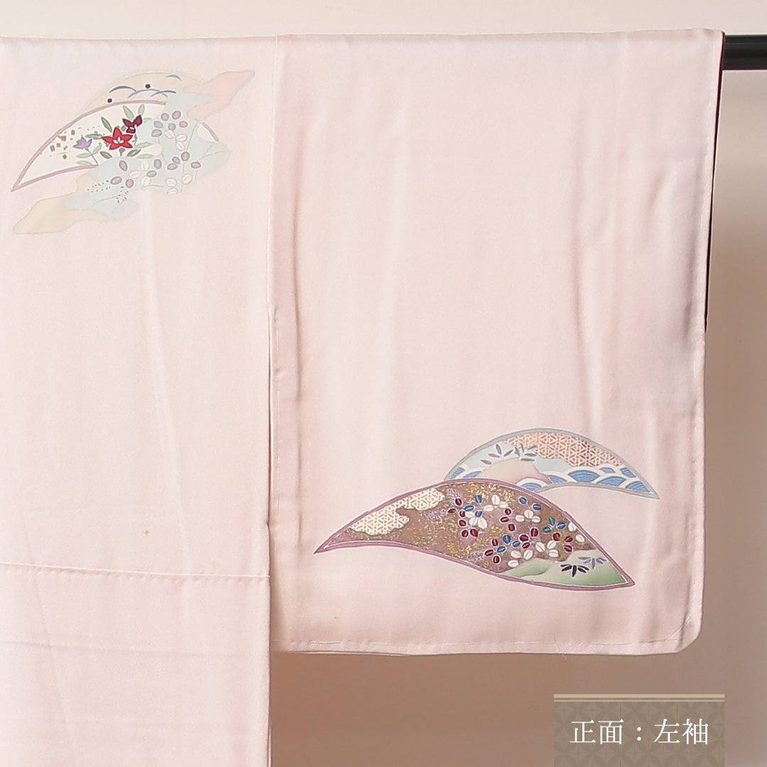 訪問着 袷 身丈150~154cm 裄61.5cm 正絹 花車や檜扇 ピンク系 Bランク 1212-00596