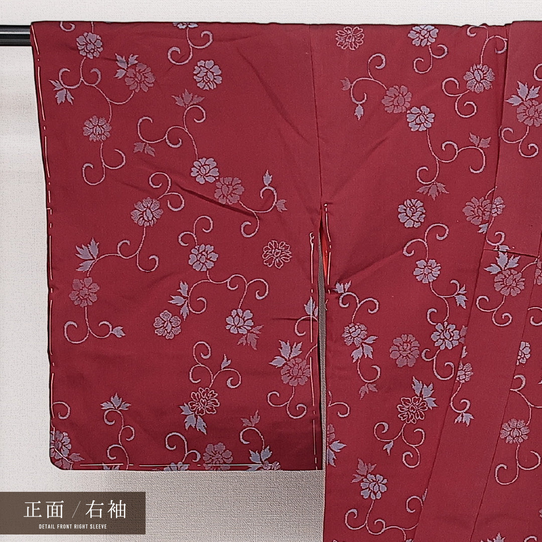 アンティーク お召 袷 身丈150cm 裄丈62cm 正絹 Aランク バチ衿 Sサイズ 唐草牡丹 赤系 RP 1222-14237