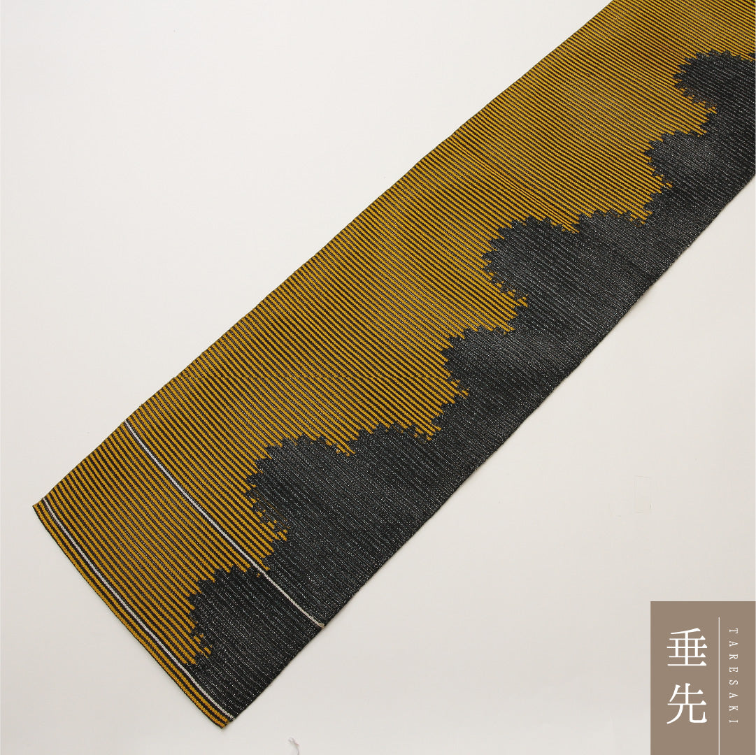 八寸名古屋帯 (夏帯) Sランク 帯丈341cm 正絹 六通 松葉仕立て 織り カジュアル しつけ糸 創作柄 黄系 RP 1245-02025