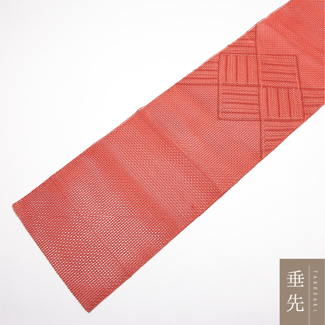 夏物 名古屋帯 帯丈352cm Sランク 松葉仕立て ポイント柄 正絹 羅 創作 カジュアル 朱系 1224-01888