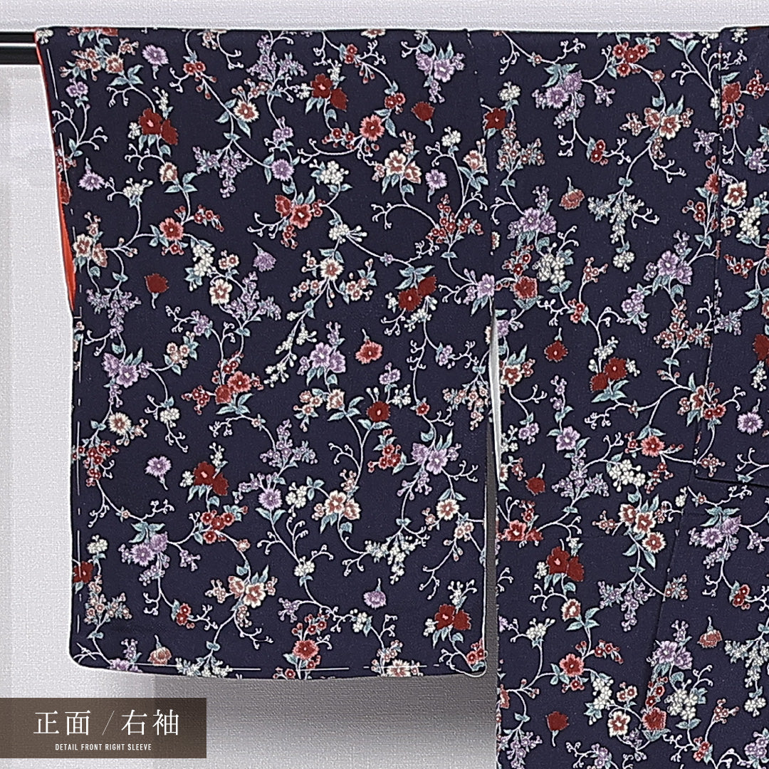 紬 袷 身丈160cm 裄丈62cm 正絹 Aランク カジュアル 広衿 Lサイズ 撫子 紺系 RP 1223-11290