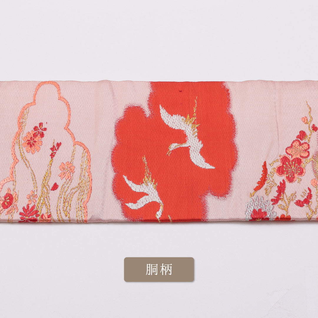 アンティーク 九寸名古屋帯 Cランク 帯丈322cm 正絹 六通 名古屋仕立て 織り 鶴 雲取り 菊 ピンク系 LP 1245-00882