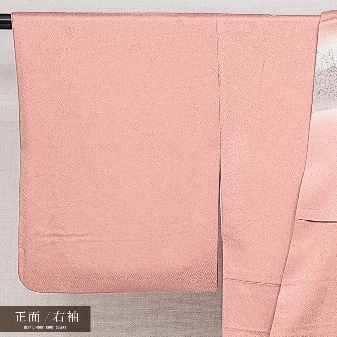 訪問着 袷 身丈153cm 裄丈62cm Cランク 正絹 広衿 Sサイズ セミフォーマル 地紋あり 紋意匠(紗綾型) 刺繍 観世水 菊 古典的 控え目 ピンク系 1212-14412