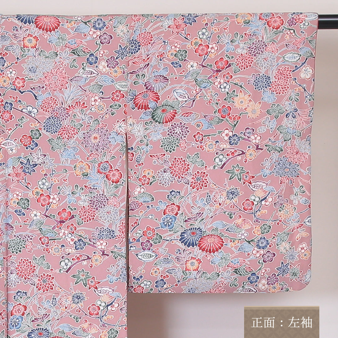 小紋 袷 身丈154cm 裄丈63cm 正絹 Aランク インフォーマル 広衿 Sサイズ 吉祥文様 ピンク系 RP 1221-02136