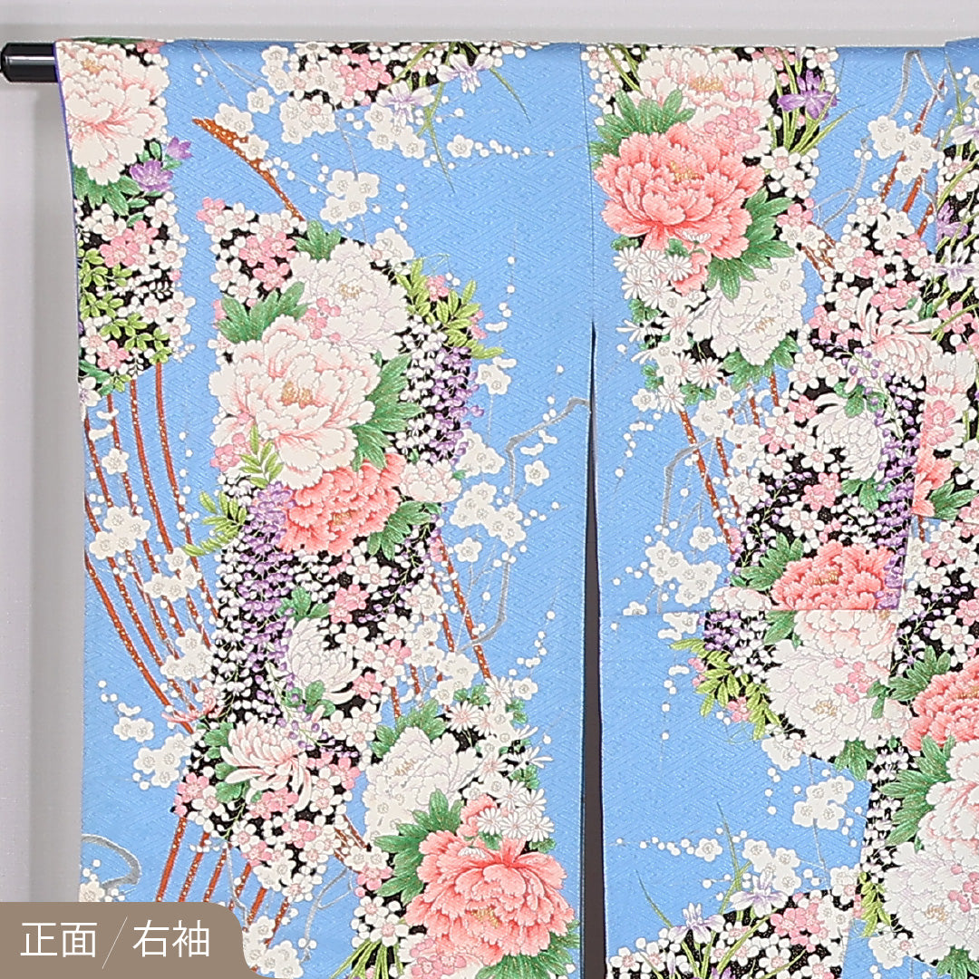 振袖 身丈165cm 裄丈66cm Bランク ポリエステル 洗える着物 袷 広衿 XL 芍薬 梅 フォーマル 独創的 華やか 水色系 1213-F0496