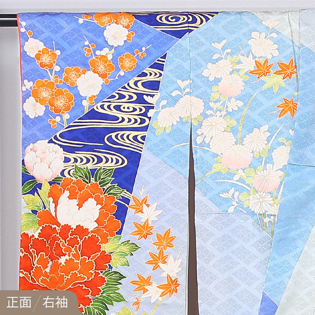 振袖 身丈164cm 裄丈66.5cm Bランク 袷 正絹 M 広衿 観世水 吉祥文様 古典柄 菊 紅葉 楓 牡丹 花柄 青系 1213-F0448