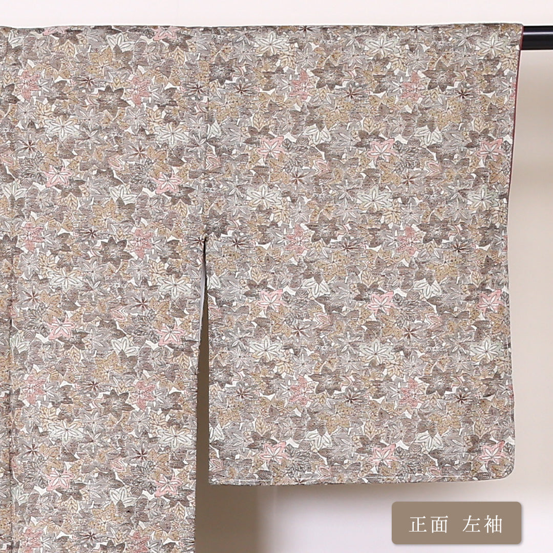 紬 袷 身丈155cm 裄丈62cm 正絹 Sランク カジュアル 広衿 Mサイズ 紅葉 楓 ベージュ系 RP 1223-03333