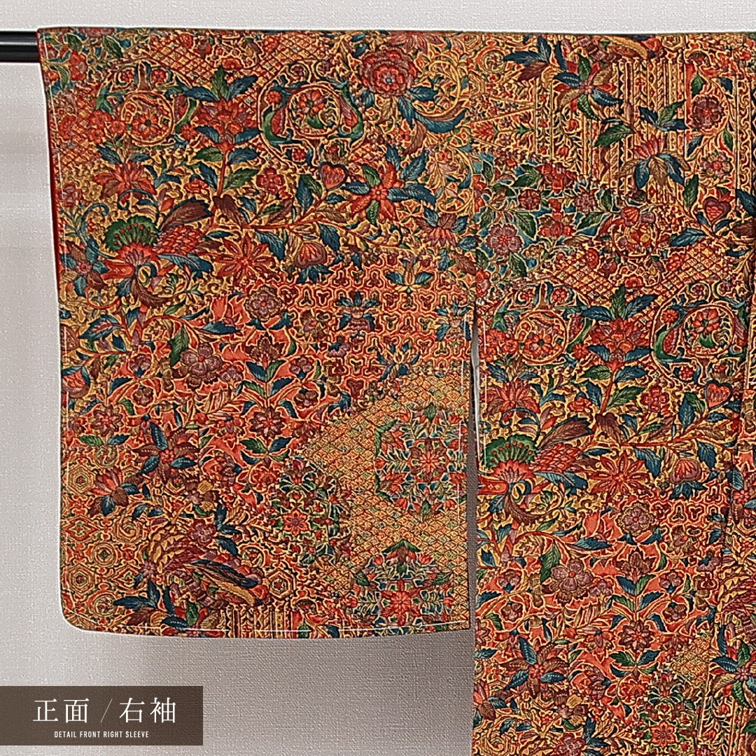 小紋 袷 身丈163cm 裄丈65cm 正絹 Sランク インフォーマル バチ衿 Lサイズ 更紗 茶系 RP 1221-14489