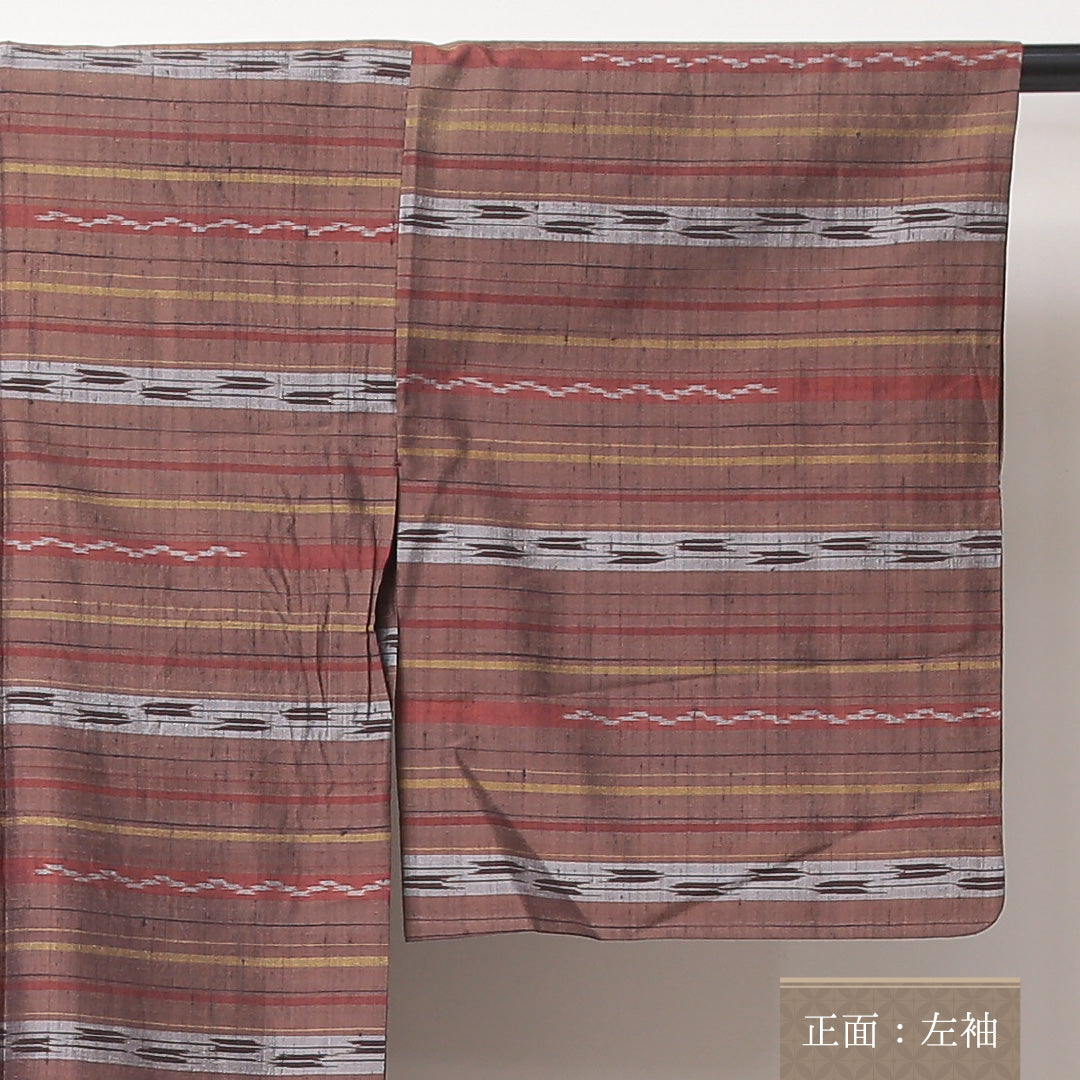 紬 単衣 身丈157cm 裄丈62cm 正絹 Sランク カジュアル バチ衿 Mサイズ 矢絣 茶系 RP 1223-03506