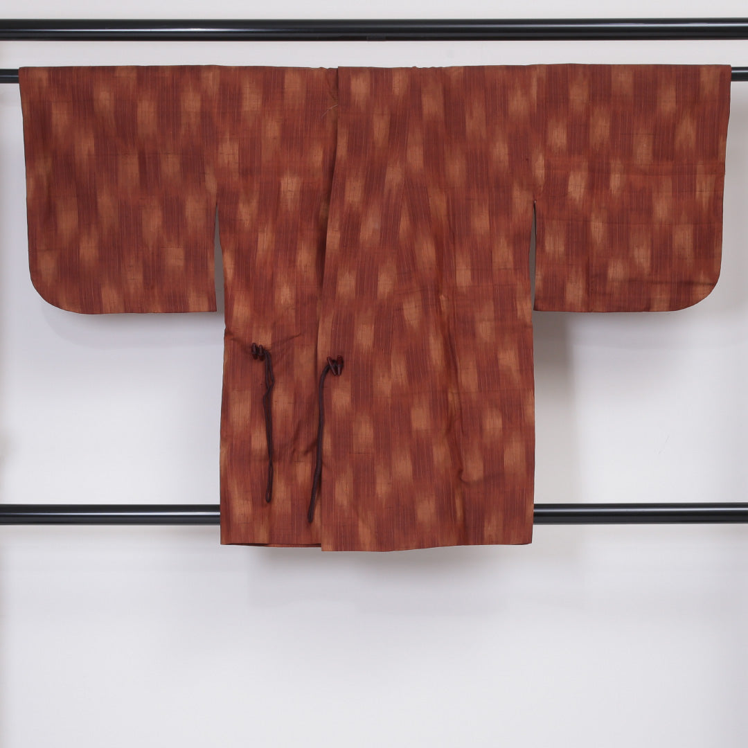 道中着(紬) 袷 身丈83cm 裄丈65cm 正絹 Sランク Mサイズ カジュアル 無地 朱系 1264-05764