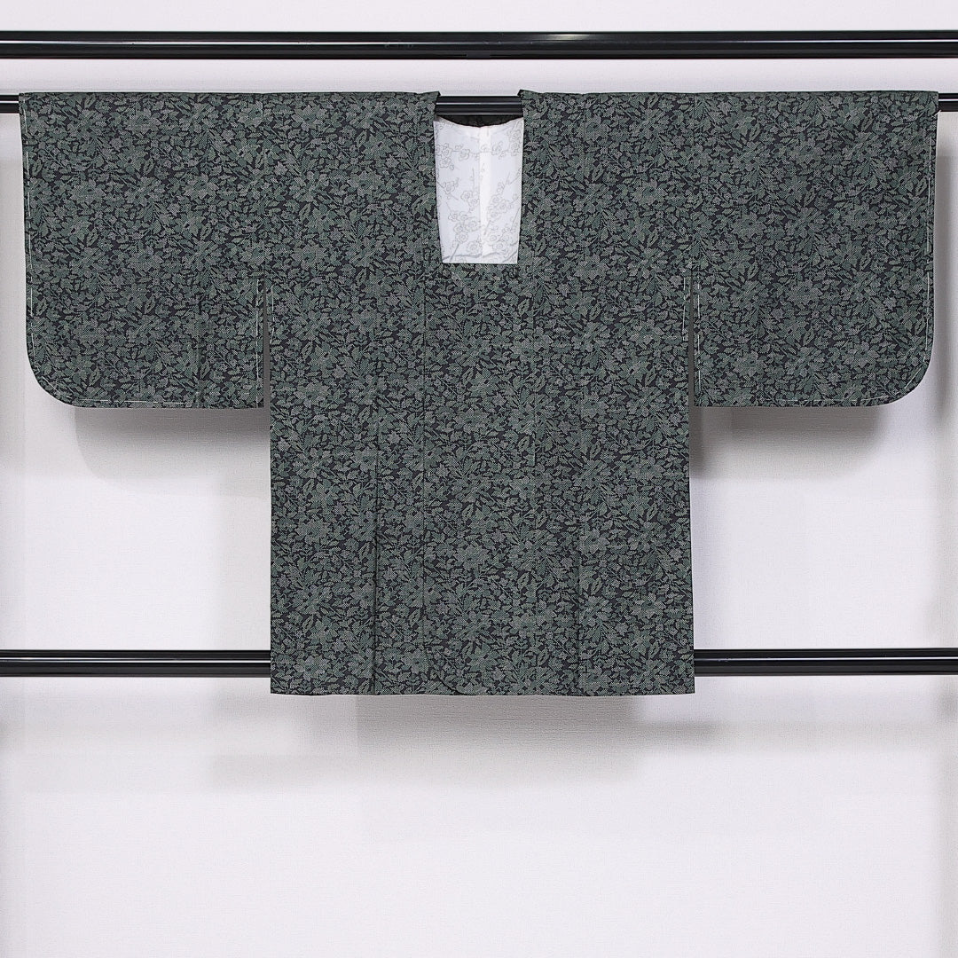 道行コート (大島紬) 袷 身丈83cm 裄丈63cm 正絹 Sランク インフォーマル Sサイズ 経緯絣 植物柄 緑系 RP 1237-10776