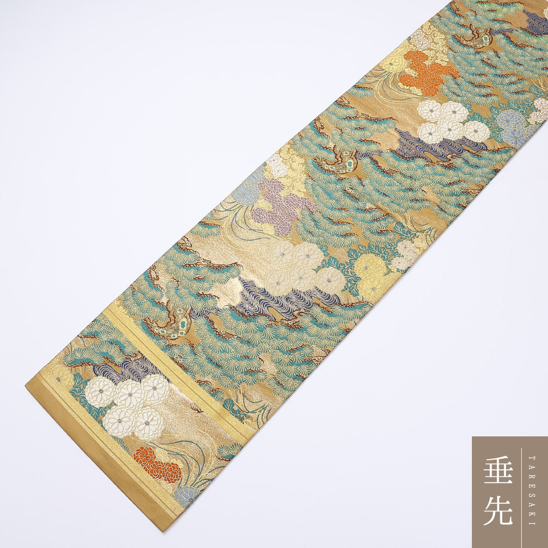 アンティーク 丸帯 帯丈388cm 全通 松 菊 緑系 フォーマル 金系 正絹 Aランク 1223-00985