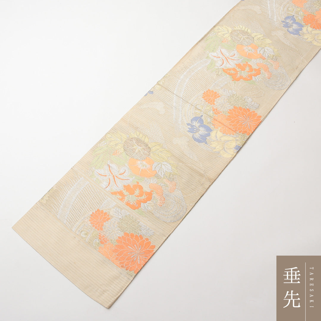 アンティーク 夏物 丸帯 帯丈412cm 正絹 六通 帯端のみ未仕立て 帯芯なし 朝顔 クリーム系 1242-01482