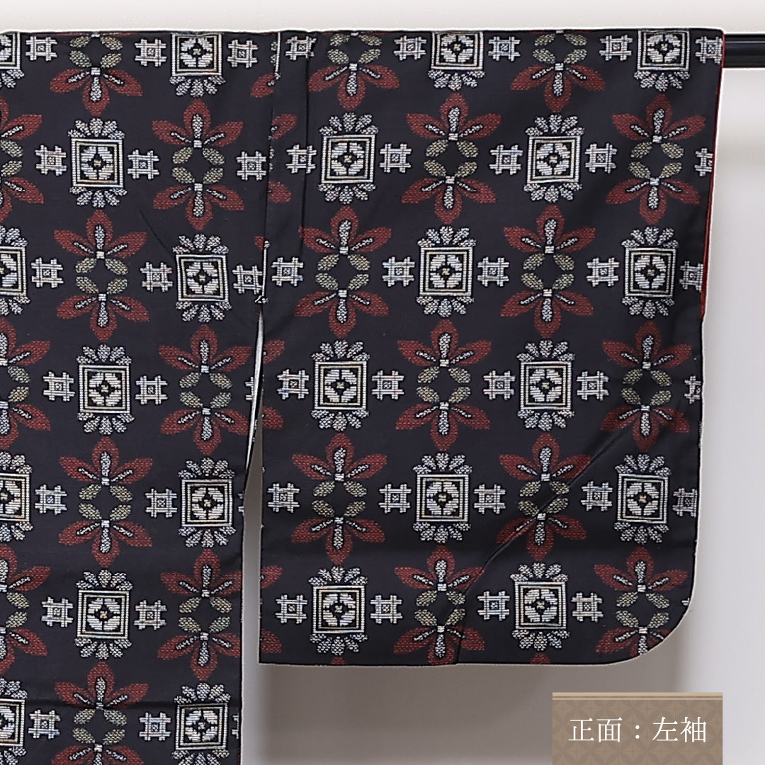 紬 袷 身丈156cm 裄65.5cm 正絹 真綿紬 レトロ 黒系 Sランク 1216-01376