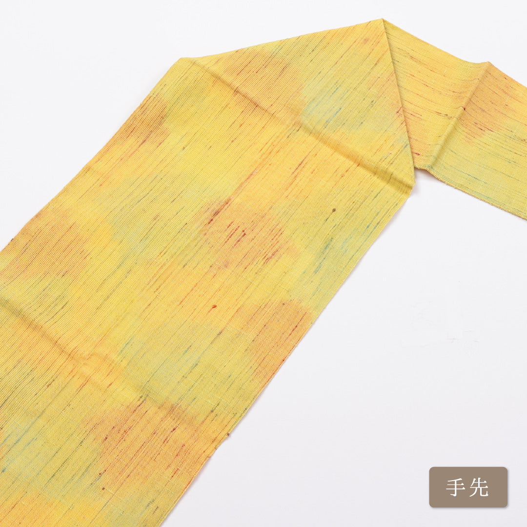 八寸名古屋帯 Bランク 帯丈365cm 正絹 六通 松葉仕立て 織り カジュアル 落款 唐草 黄系 LP 1245-00874