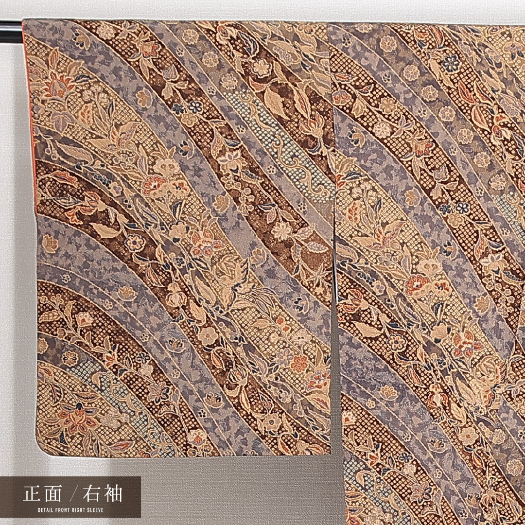 小紋 袷 身丈162cm 裄丈64cm 正絹 Aランク インフォーマル 広衿 Lサイズ 更紗 花柄 茶系 RP 1221-14915