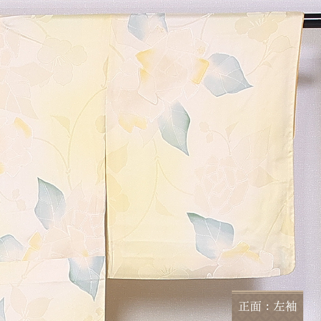 小紋 袷 身丈155cm 裄丈64cm 正絹 Cランク インフォーマル 広衿 Mサイズ 花柄 黄系 GP 1221-10529