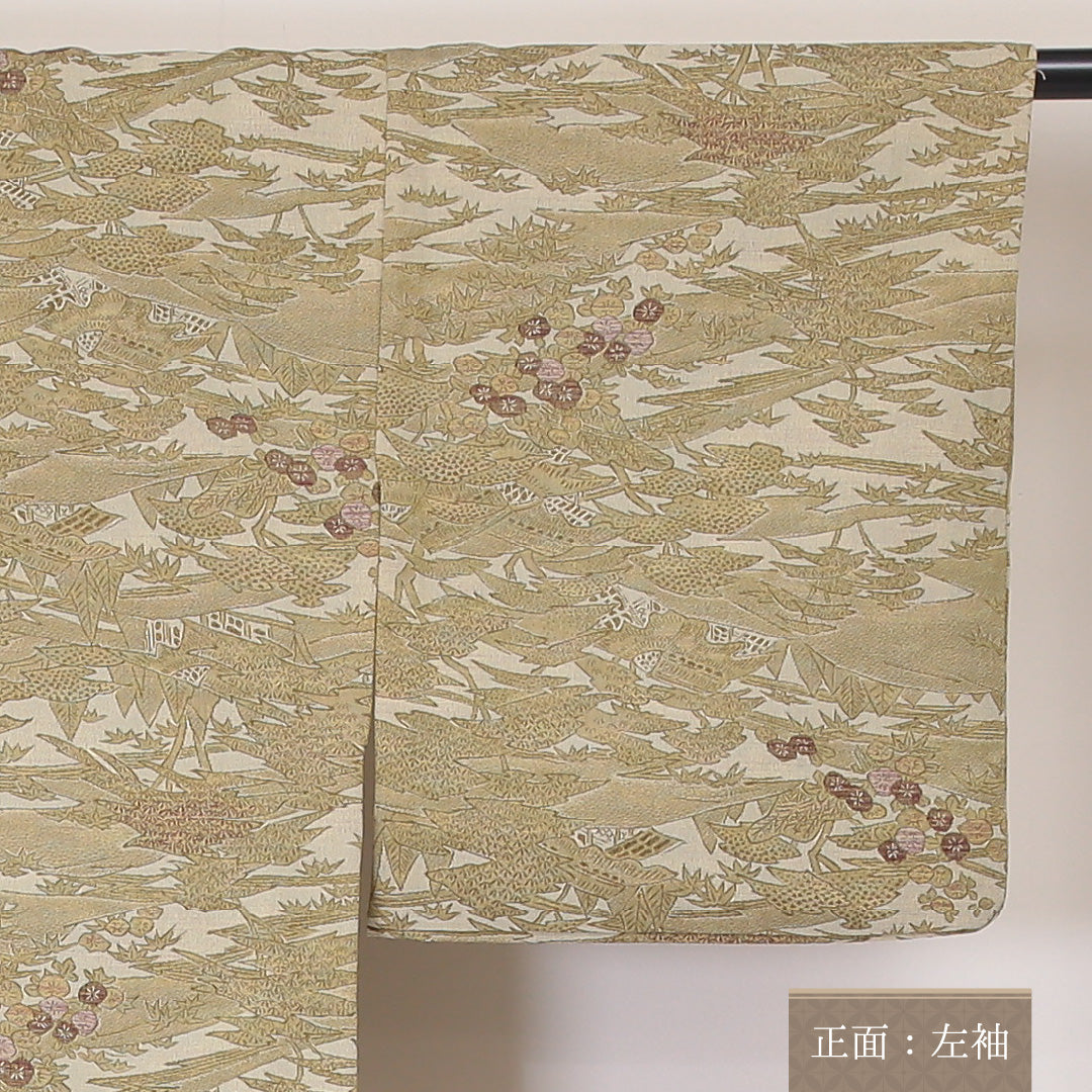 洗える着物 紬 単衣 身丈153cm 裄丈62cm ポリエステル Sランク カジュアル 広衿 Sサイズ 茶屋辻 ベージュ系 RP 1223-03393
