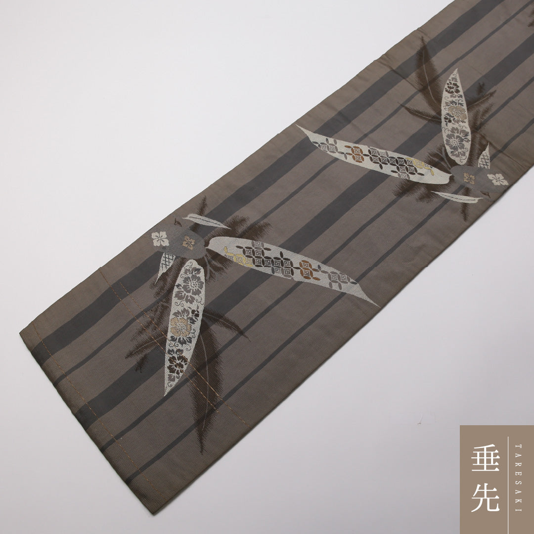 アンティーク 袋帯 帯丈404cm 正絹 ポイント柄 牡丹 笹 グレー系 1243-01359