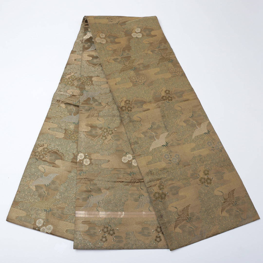 アンティーク 丸帯 帯丈396cm 全通 鶴 フォーマル 金系 正絹 Aランク 1223-00627