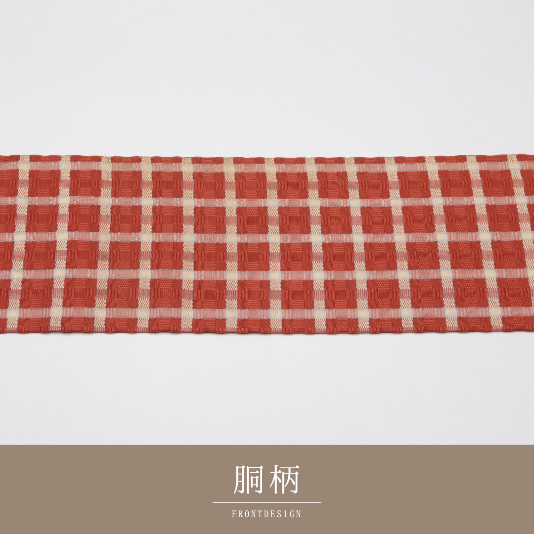 九寸名古屋帯 Aランク 帯丈327cm 正絹 六通 名古屋仕立て 織り カジュアル ふくれ織 格子 赤系 LP 1245-01529