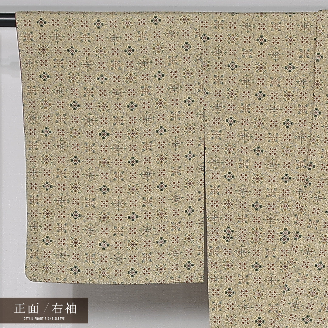 小紋 身丈150cm 裄丈63cm Aランク S 正絹 袷 広衿 オリエンタル 花菱 カジュアル 緑系 1215-11996